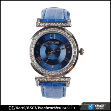 Senhoras pulseira azul relógio de couro genuíno, relógio de pulso de cristal de diamante blâmico de genebra